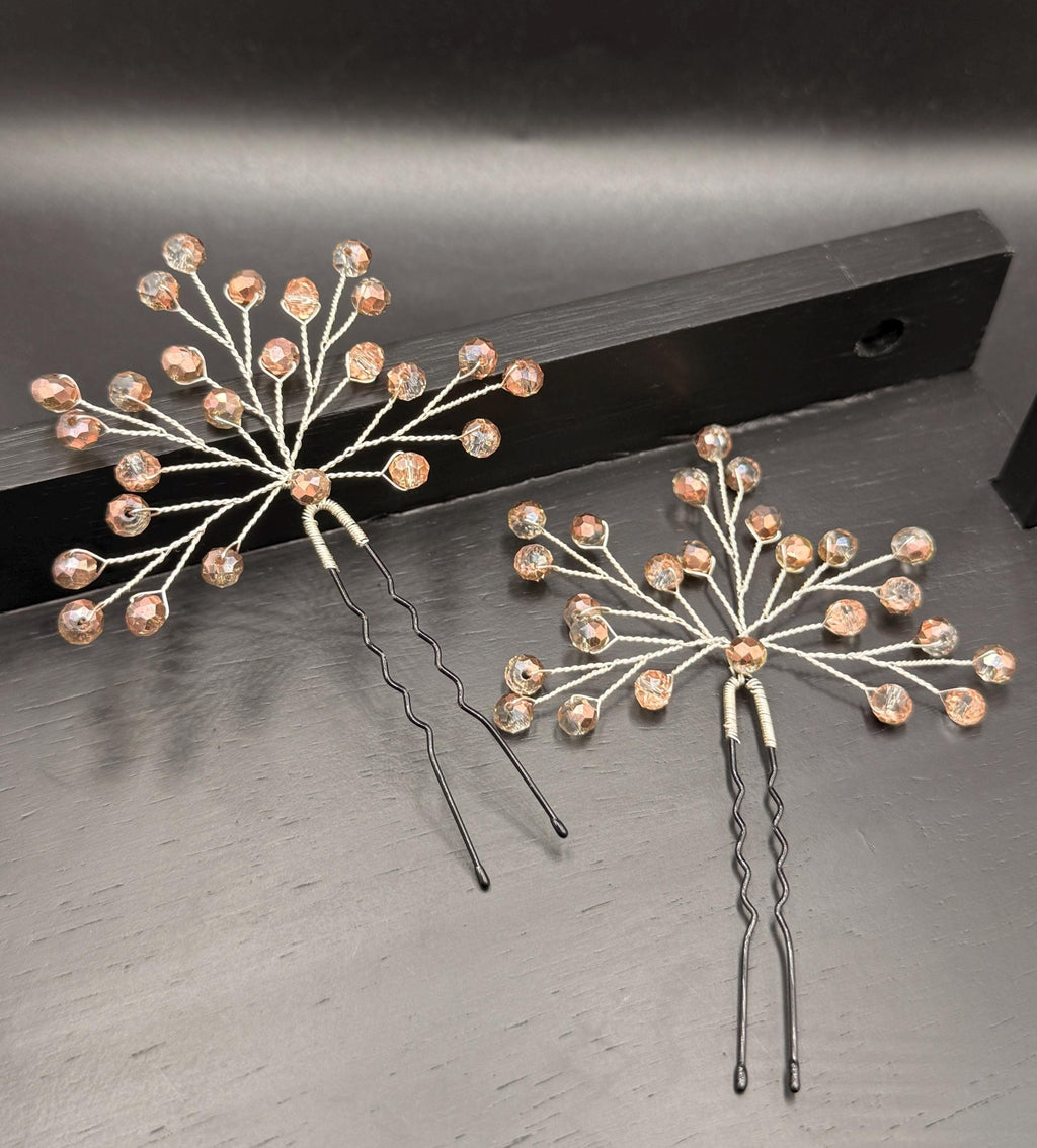 Kupfer - Champagner Kristall Haarnadeln für Brautfrisur, Handgemachter Braut Haarschmuck mit Bicolor Kristallen - AVYRAA BRIDAL