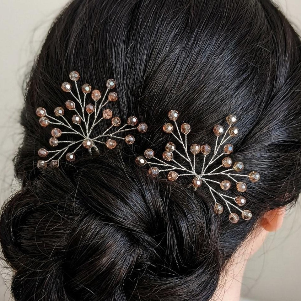 Kupfer - Champagner Kristall Haarnadeln für Brautfrisur, Handgemachter Braut Haarschmuck mit Bicolor Kristallen - AVYRAA BRIDAL