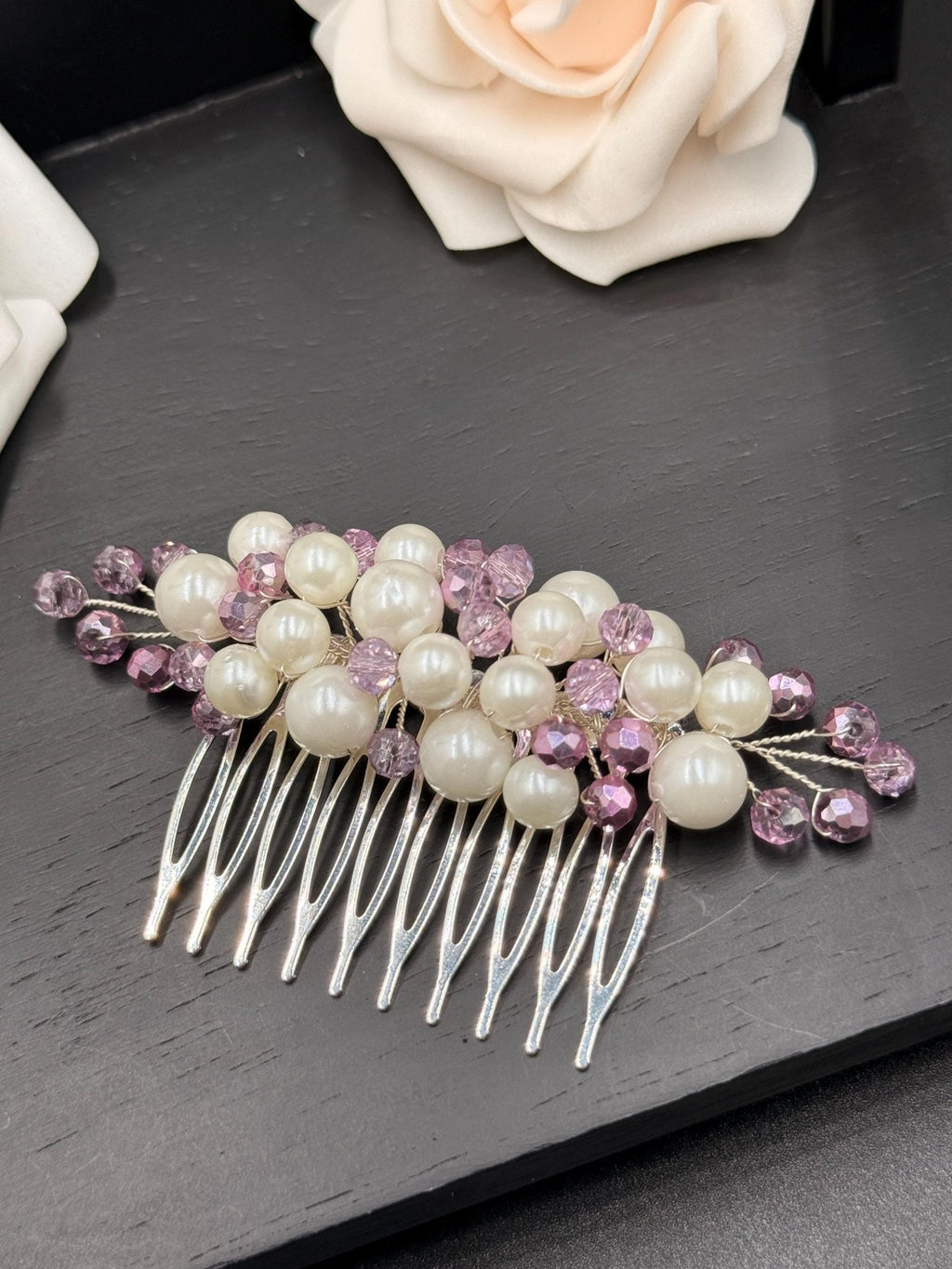 Lavendel Kristall Haarkamm Elfenbein Perlen Silber Braut Vintage Accessoire Romantisch Frisur Schmuck - AVYRAA BRIDAL
