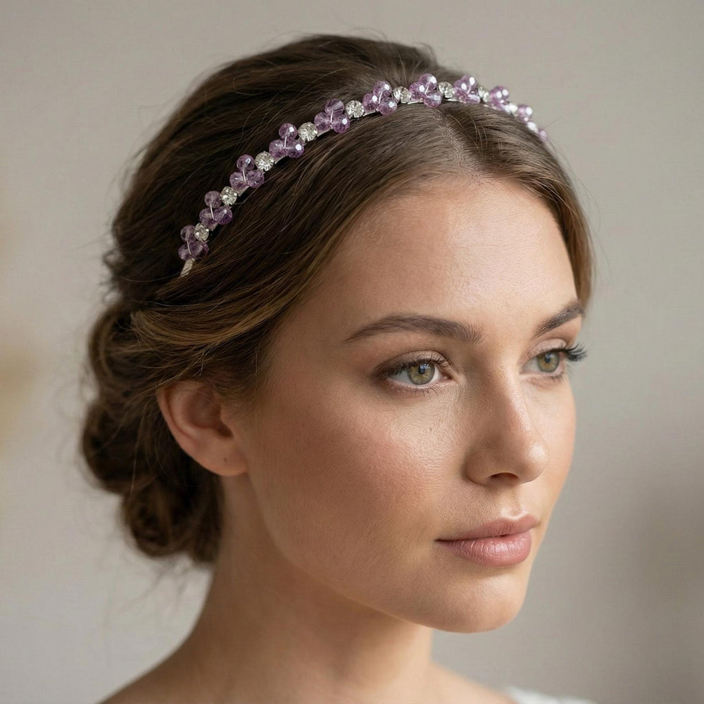 Leuchtendes Kristall - Haarband in Rosa, Handgefertigte Kronen - Tiara mit strahlenden rosafarbenen Kristallen, Schwarzer Metall - Haarreif - AVYRAA BRIDAL