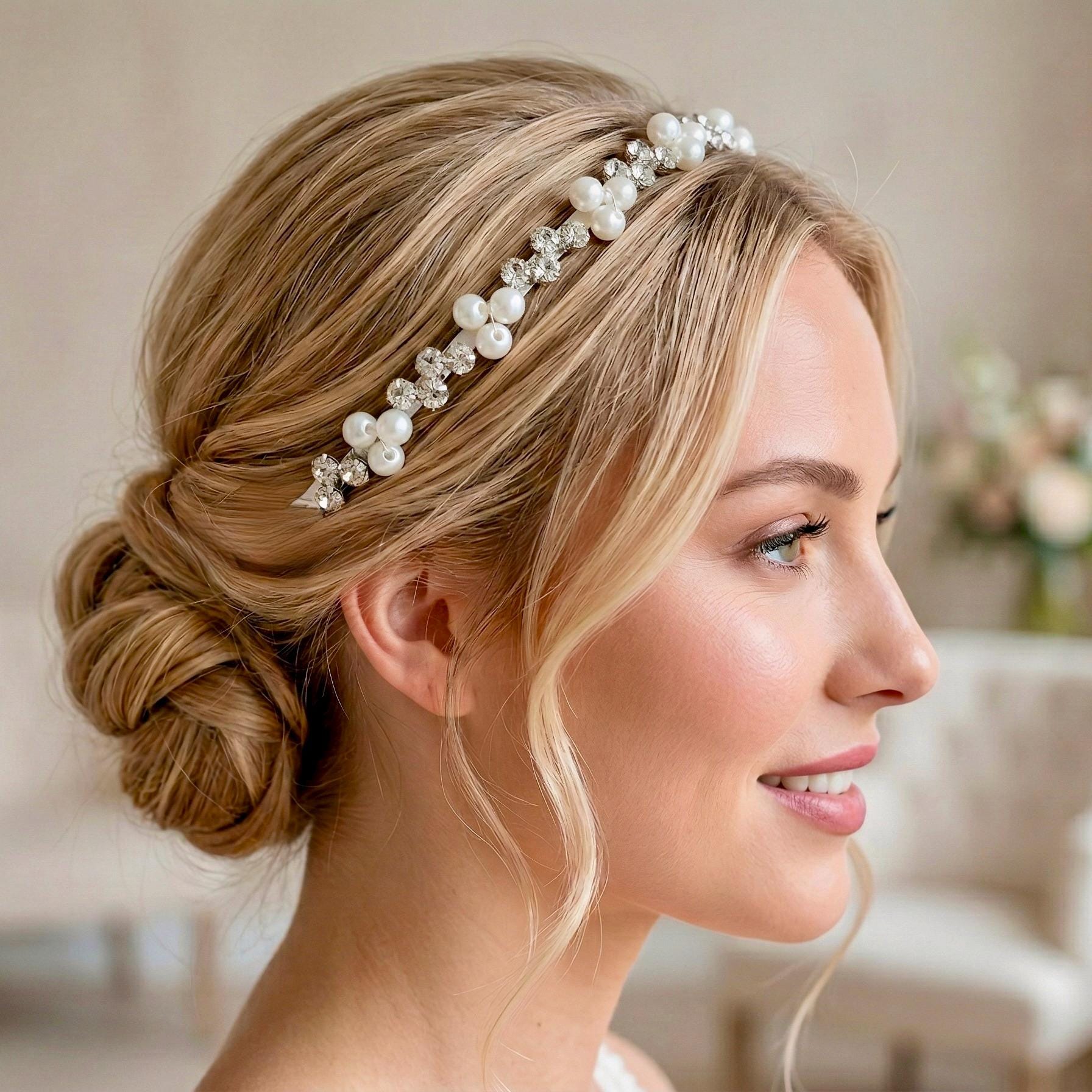 Perlen Braut Haarreif mit Kristallakzenten in Creme - AVYRAA BRIDAL