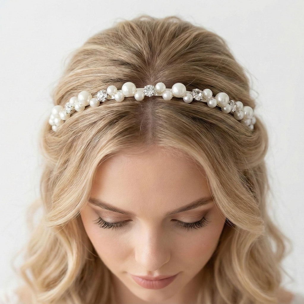Perlen Braut Haarreif mit Kristallsteinen für Hochzeit - AVYRAA BRIDAL