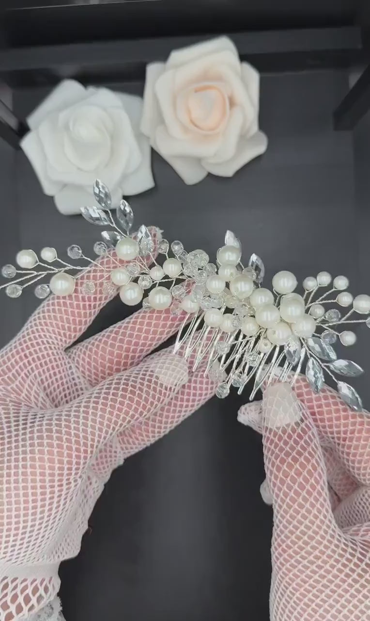 Pearl Hair Comb with Crystals for Brides