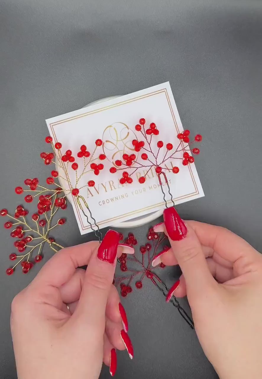 Red Glass Bead Hairpins for Bridal Hairstyles