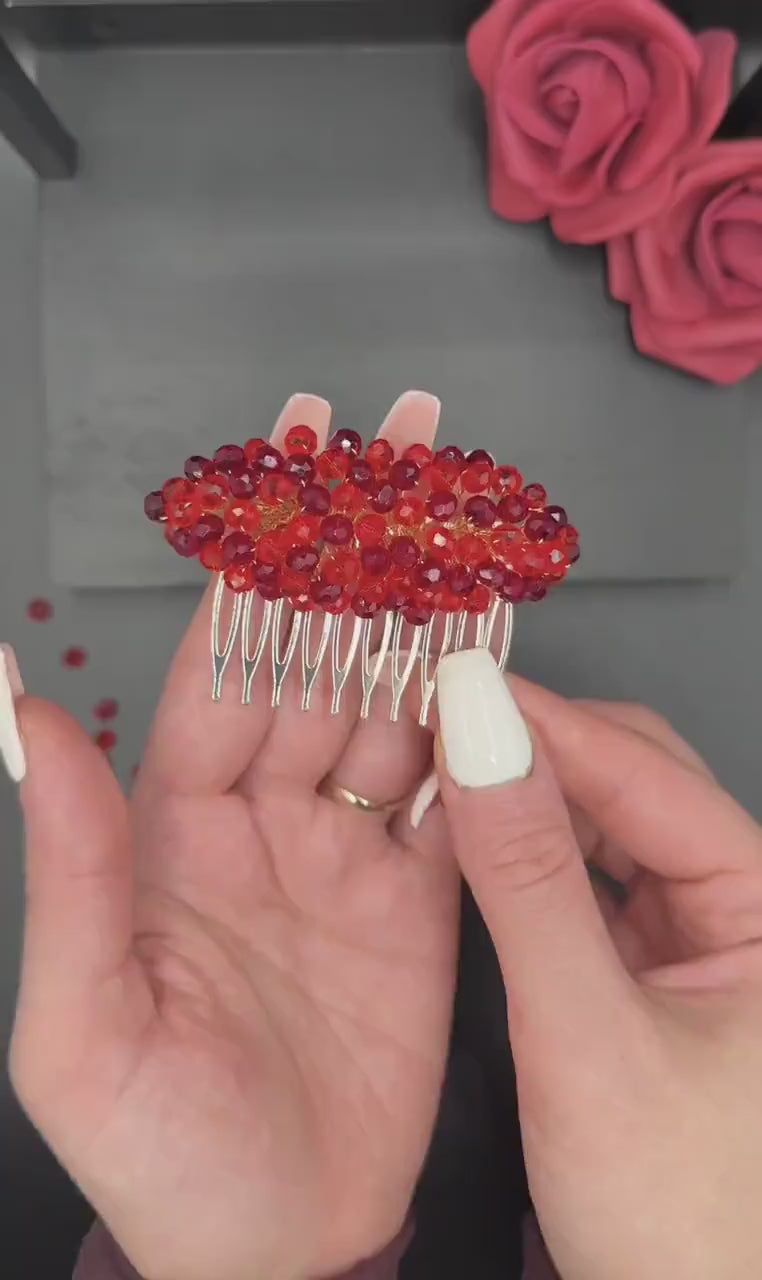 Red Crystal Beaded Hair Comb for Wedding and Festive Hairstyles