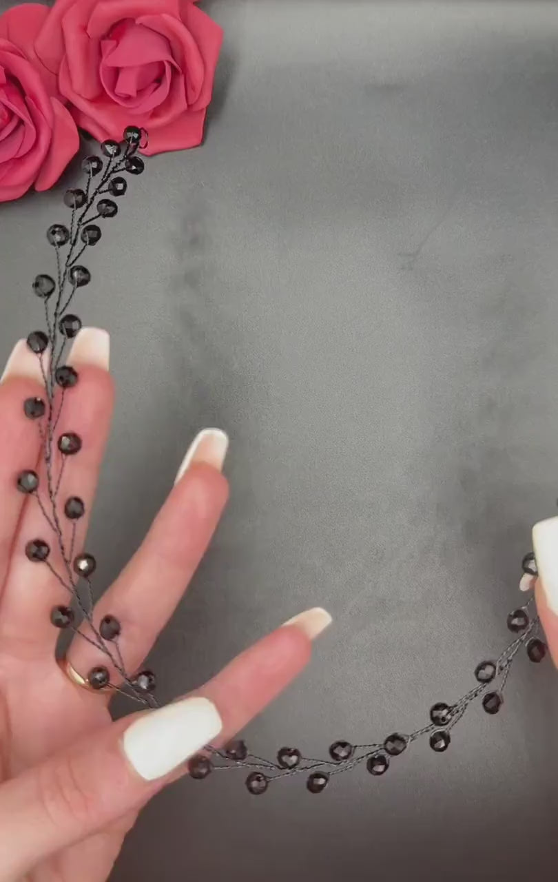 Black glass bead hair vine with flexible wire