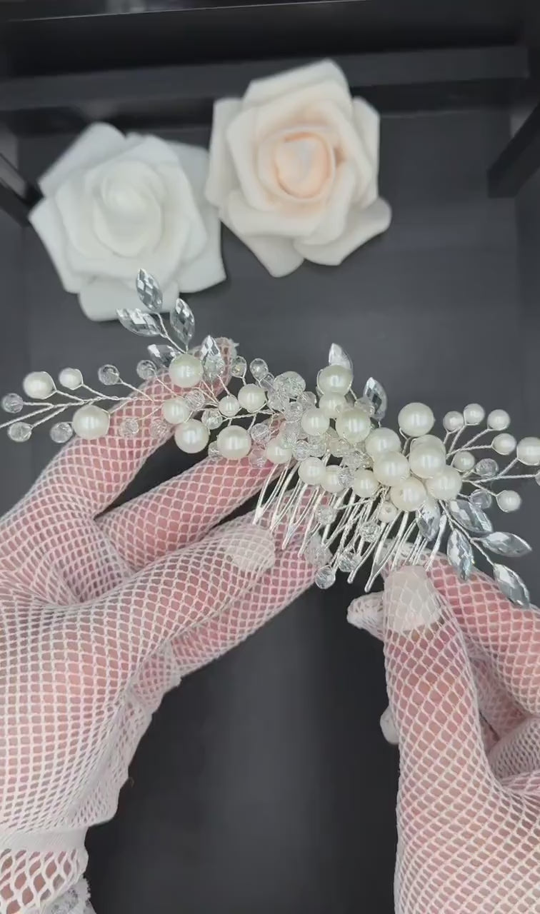 Bridal Hair Comb with Pearls and Clear Crystals