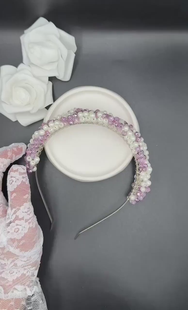 İncili Pembe Kristal Gelin Tacı