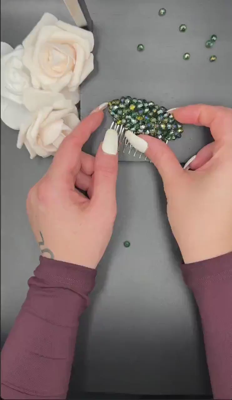 Green Crystal Beaded Hair Comb for Wedding and Evening Hairstyles