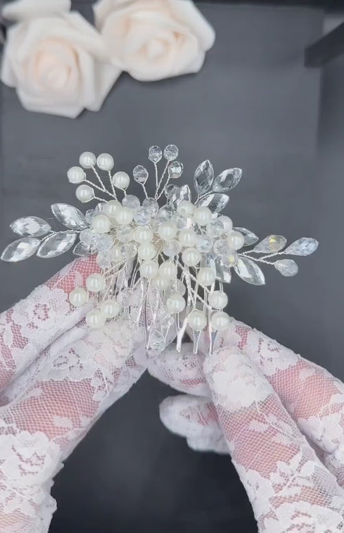 Bridal Hair Comb with Pearls and Crystals | Floral Silver-Tone Wedding Hairpiece