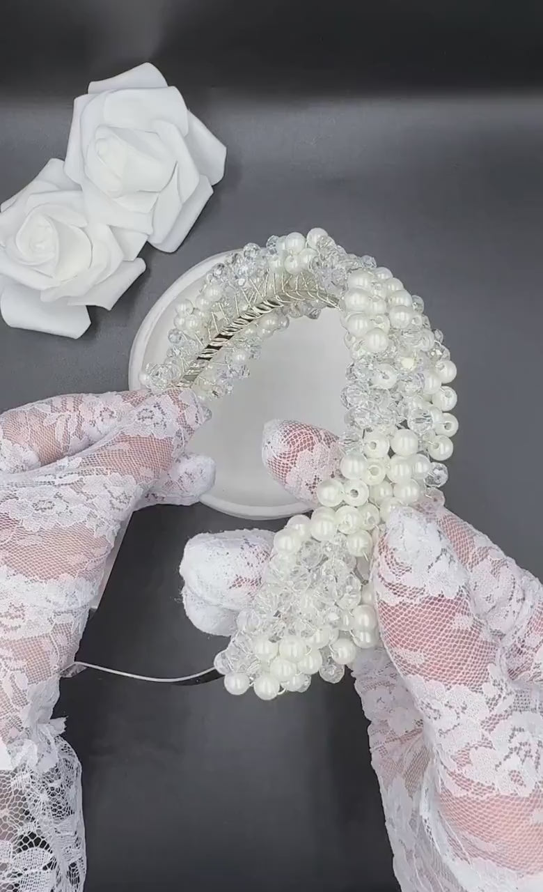Ivory Perlen Tiara mit klaren Kristallen für Bräute