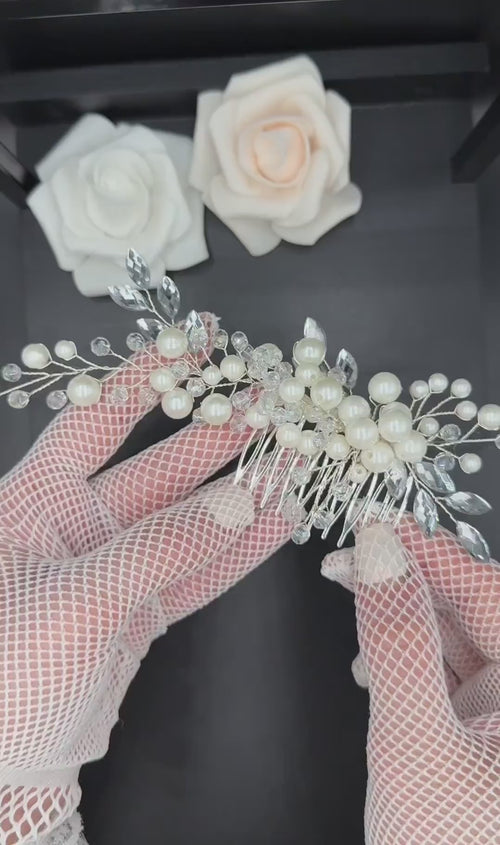 Bridal Hair Comb with Pearls and Clear Leaf Branches | Silver-Tone Wedding Hairpiece