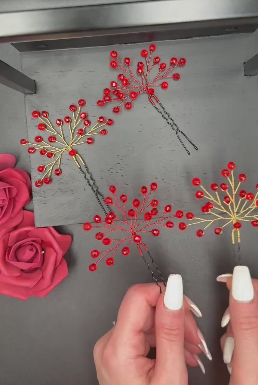 Romantik Gelin Saçı Modelleri için Kırmızı Kristal Tokalar