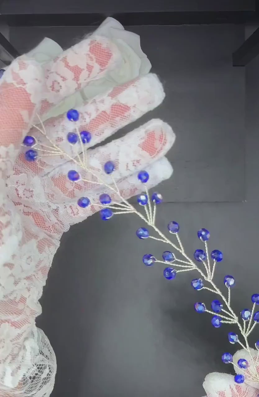 Royal Blue Crystal Hair Vine with Silver Wire