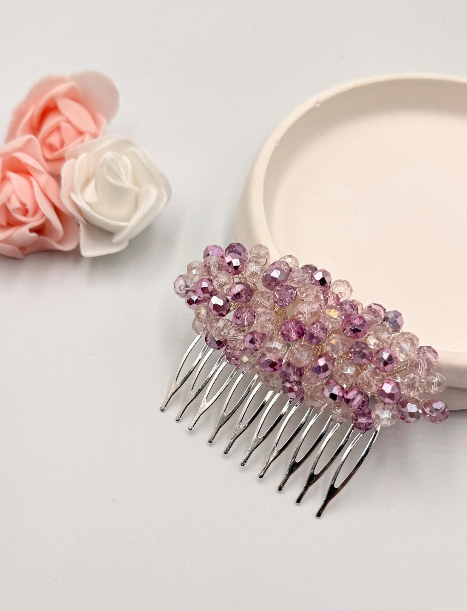 Rose Kristall Haarkamm, Handgefertigter Haar - Accessoire mit klaren & rosafarbenen Glasperlen, Braut, Hochzeit, Party, Alltag - AVYRAA BRIDAL