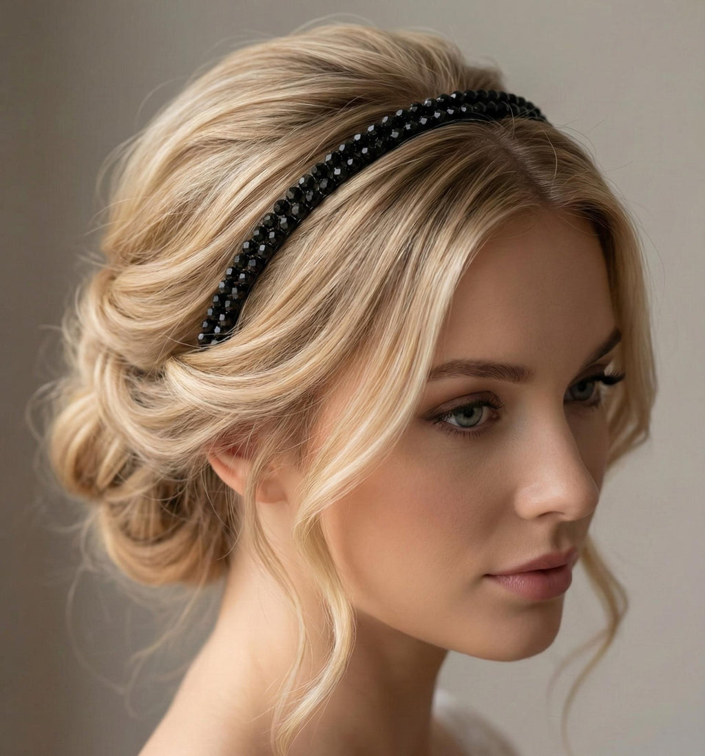 Schwarzer Kristall Braut Haarreif – Zarter handgefertigter Haarreif mit facettierten schwarzen Kristallen, eleganter Luxus Haarschmuck - AVYRAA BRIDAL