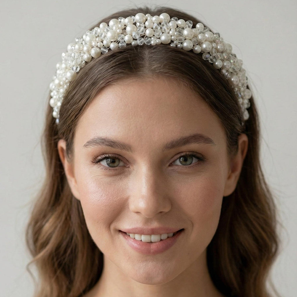Voluminöse Braut Tiara mit Perlen und Kristallen - AVYRAA BRIDAL
