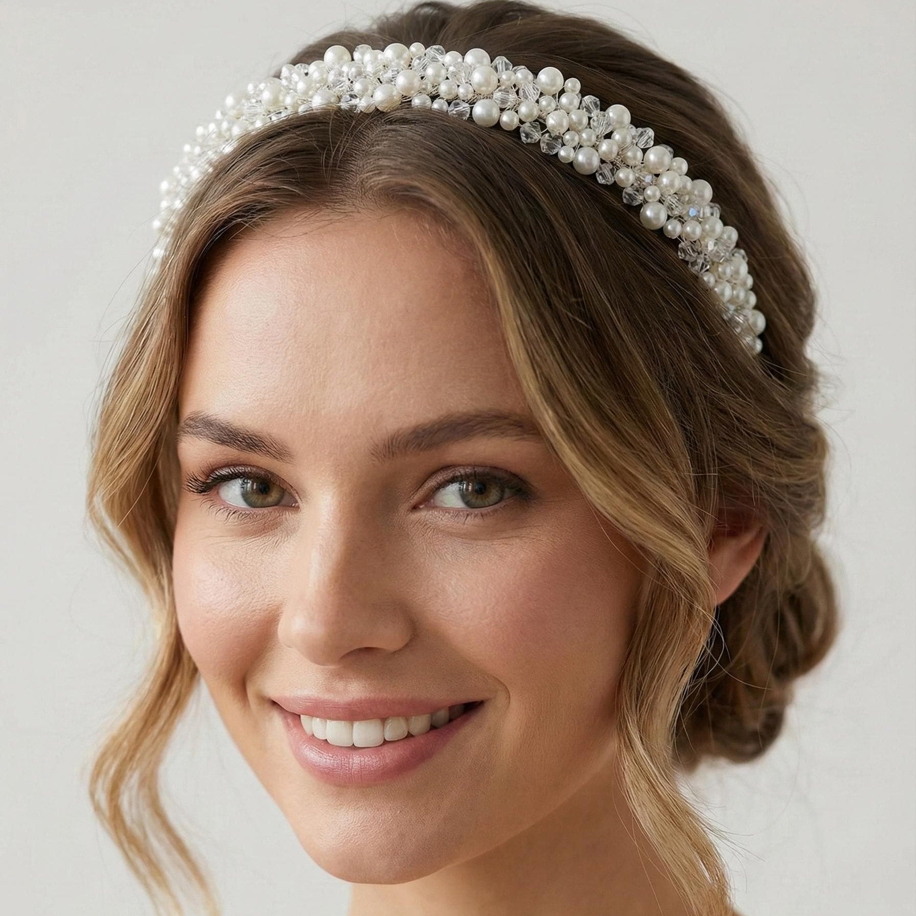 Voluminöse Braut Tiara mit Perlen und Kristallen - AVYRAA BRIDAL