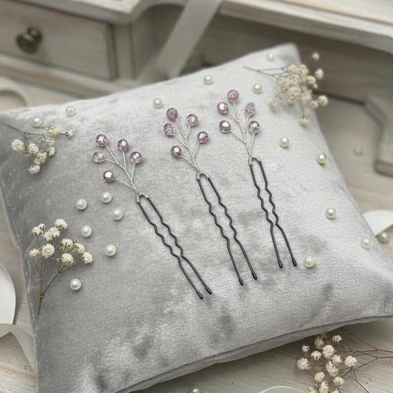 Zarte Haarnadeln mit rosa Glas - Kristallen – Handgefertigte Hair Pins für Braut - & Abendfrisuren - AVYRAA BRIDAL